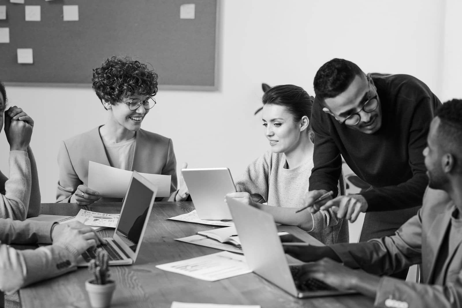 A professional team collaborating in a meeting