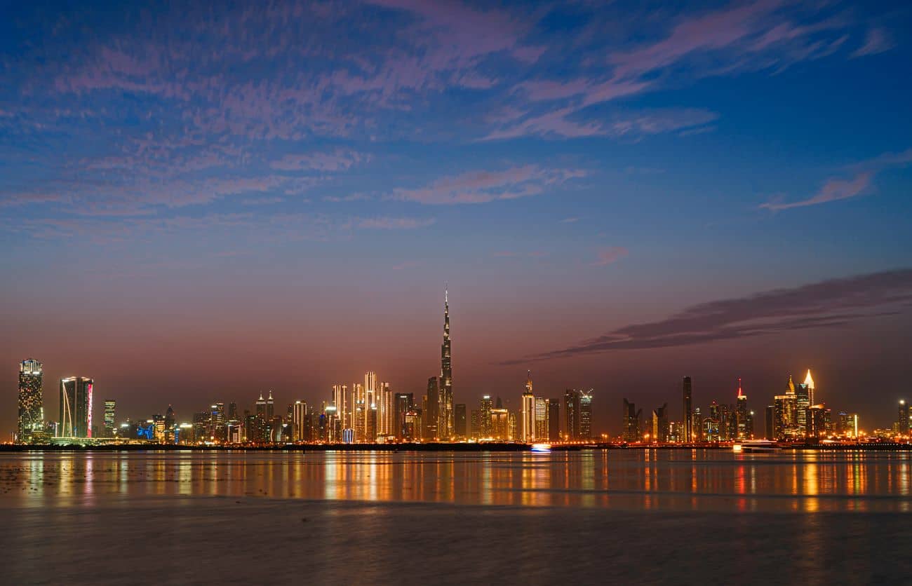 The Dubai skyline at dusk