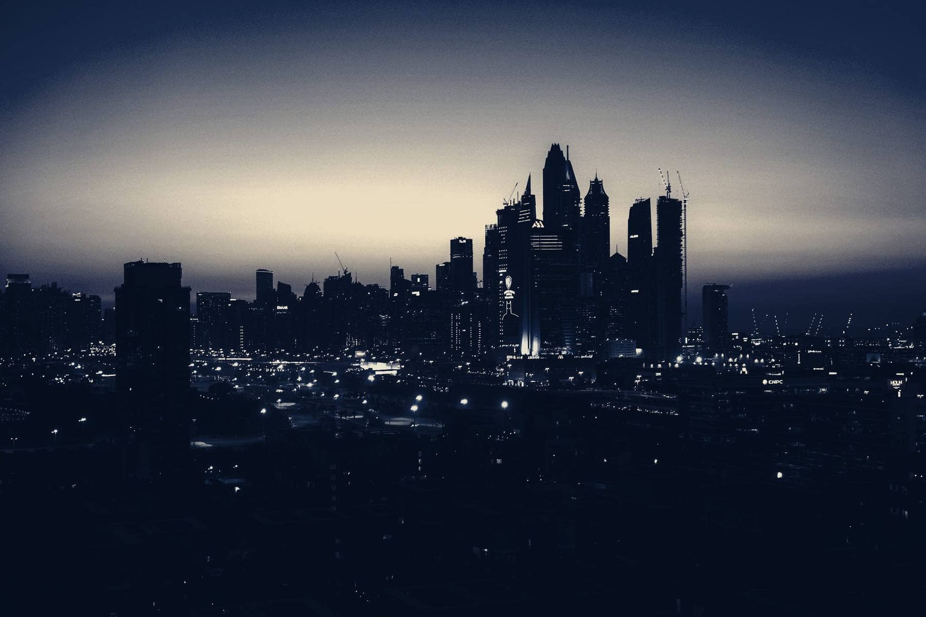 The Dubai skyline at dusk